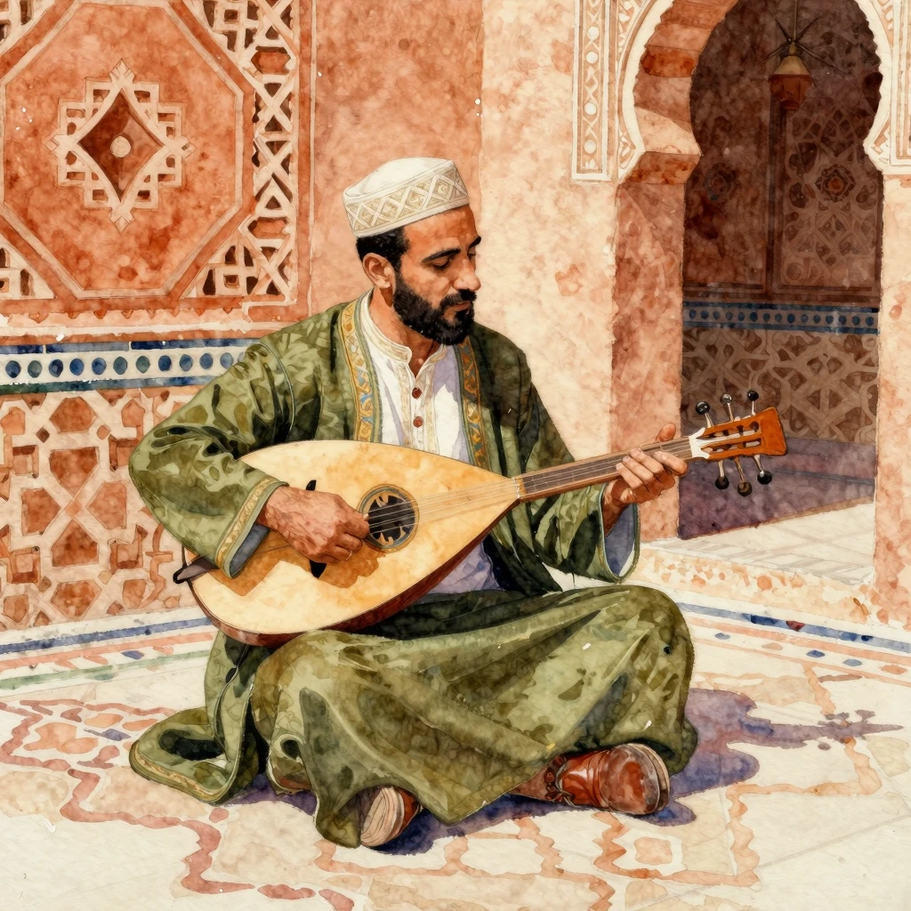 Watercolor painting of a traditional Algerian musician playi...