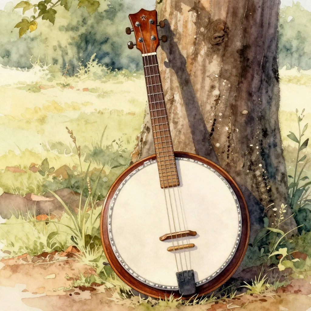 A detailed watercolor painting of a banjo leaning against a ...