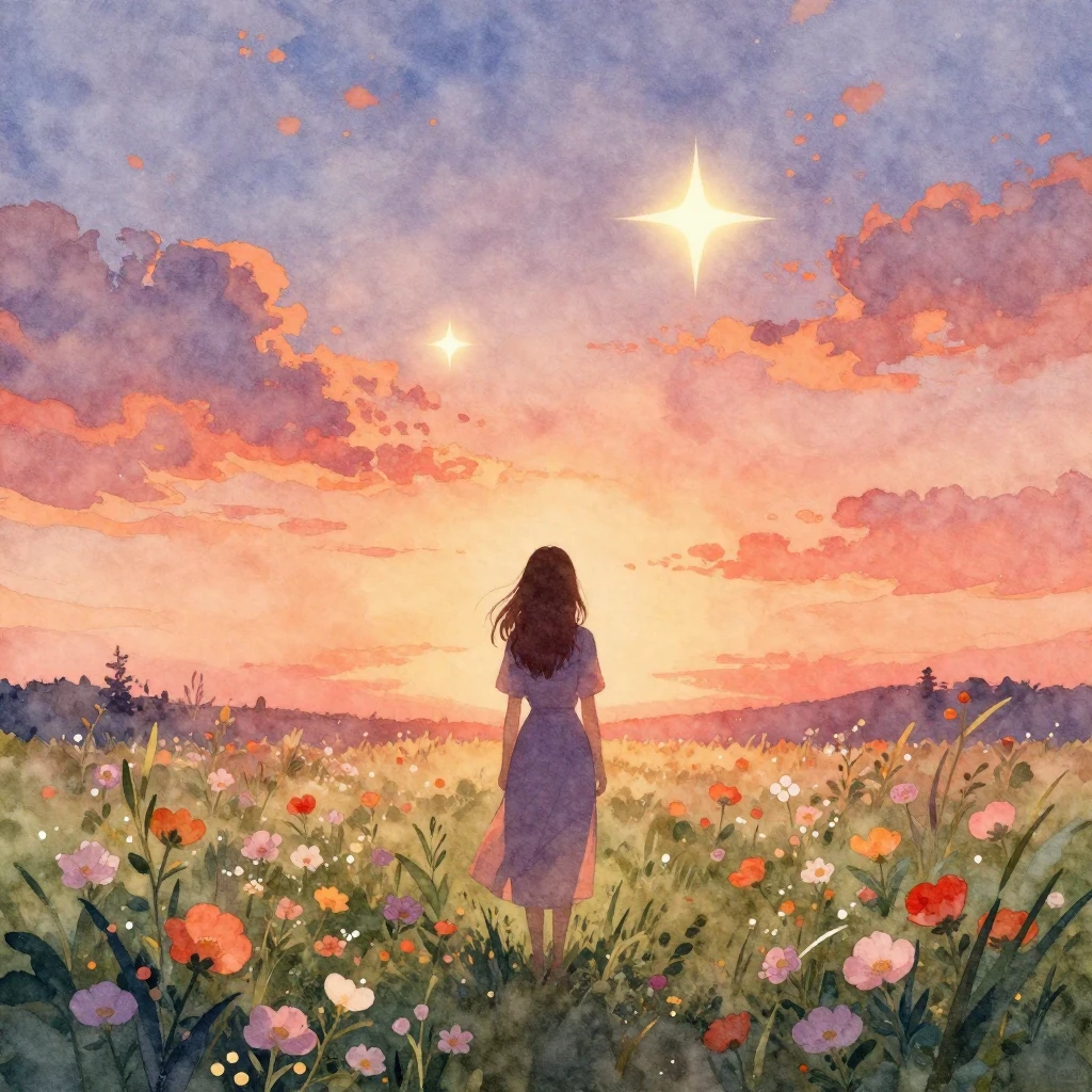 A watercolor painting depicting a silhouette of a woman stan...