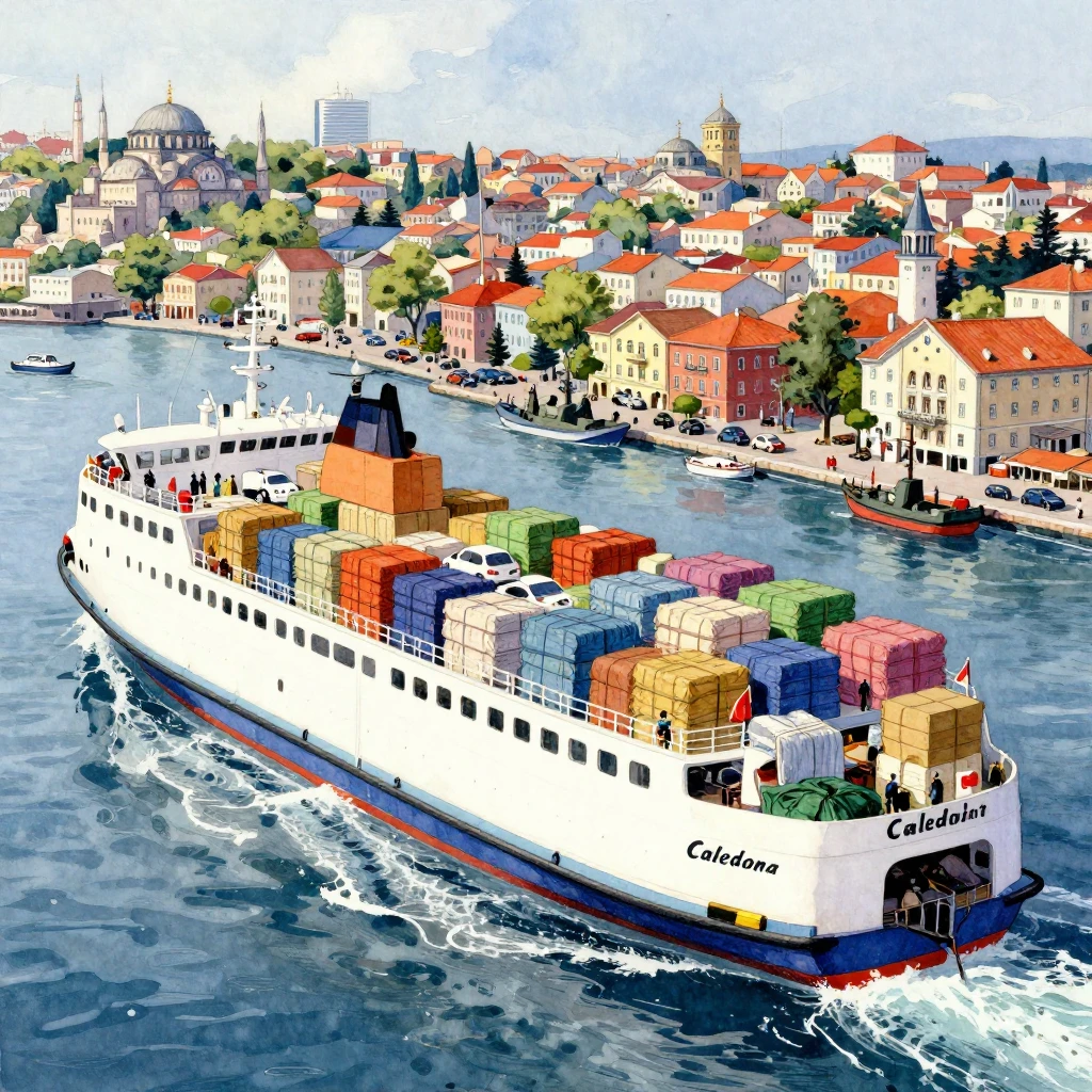 A vibrant watercolor painting of a bustling Ro-Ro ferry, 'Ca...