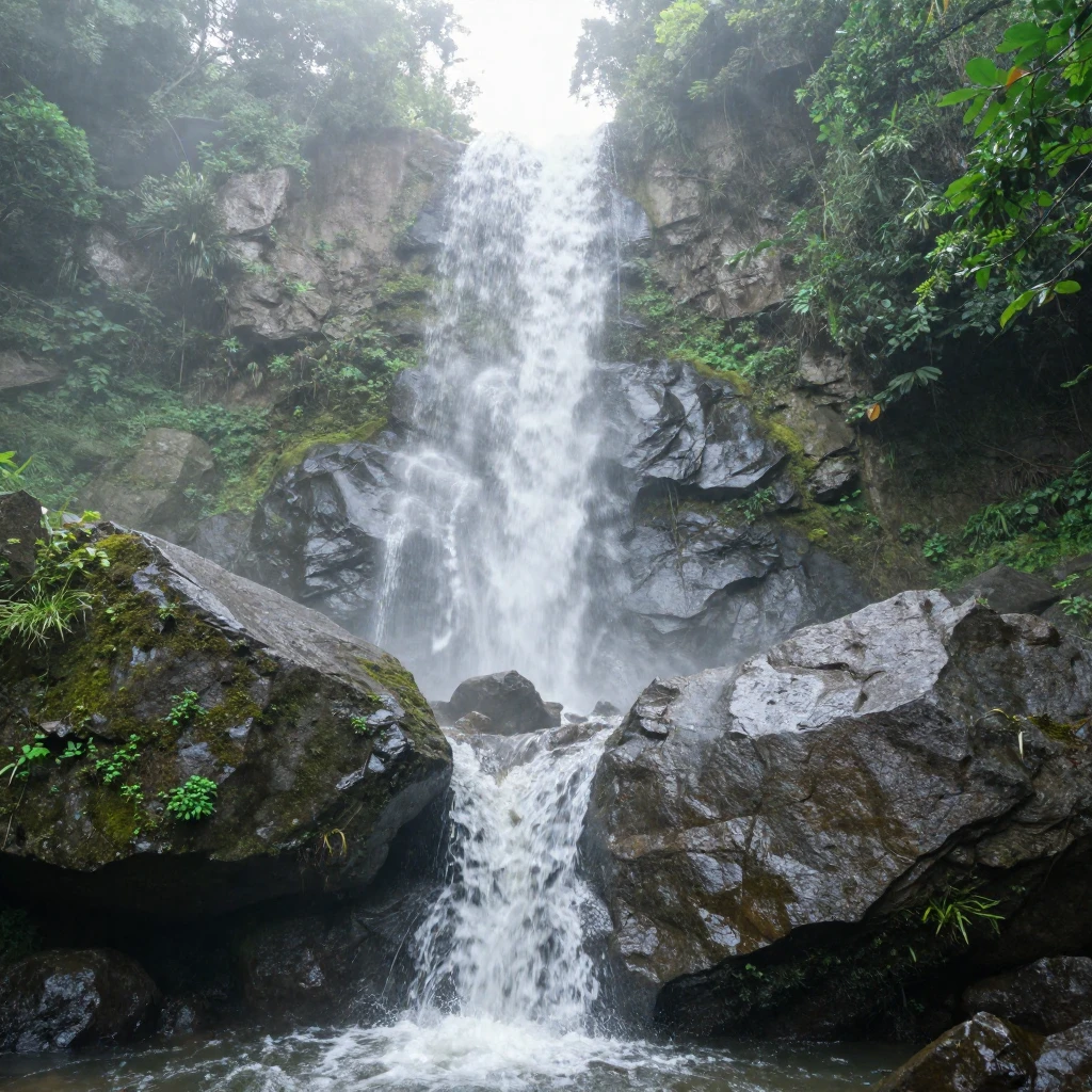 A misty waterfall in the distance, cascading down grey grani...