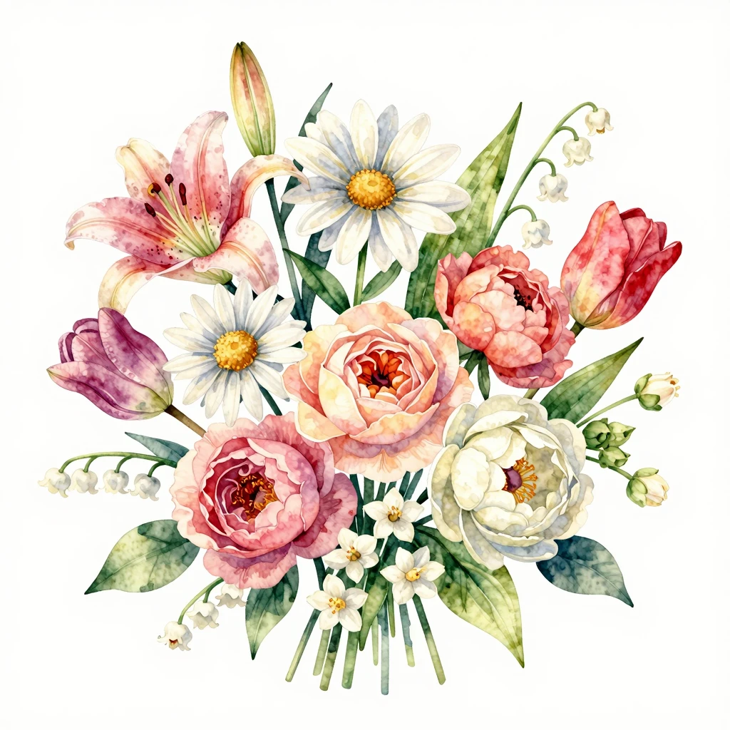 A vibrant watercolor bouquet of various flowers like lilies,...