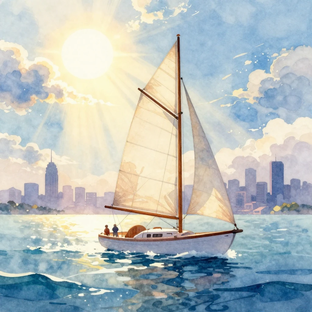 A vibrant watercolor illustration depicting a sailboat with ...