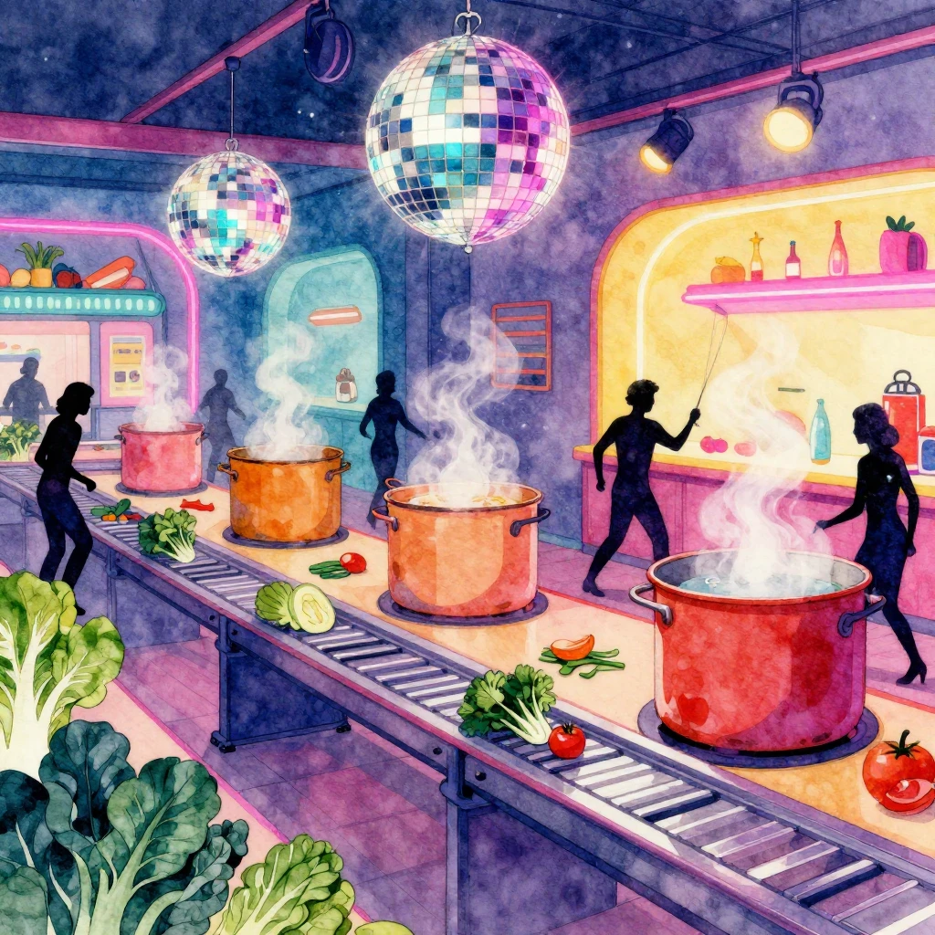 A vibrant disco-style vegetable workshop with neon lights, s...