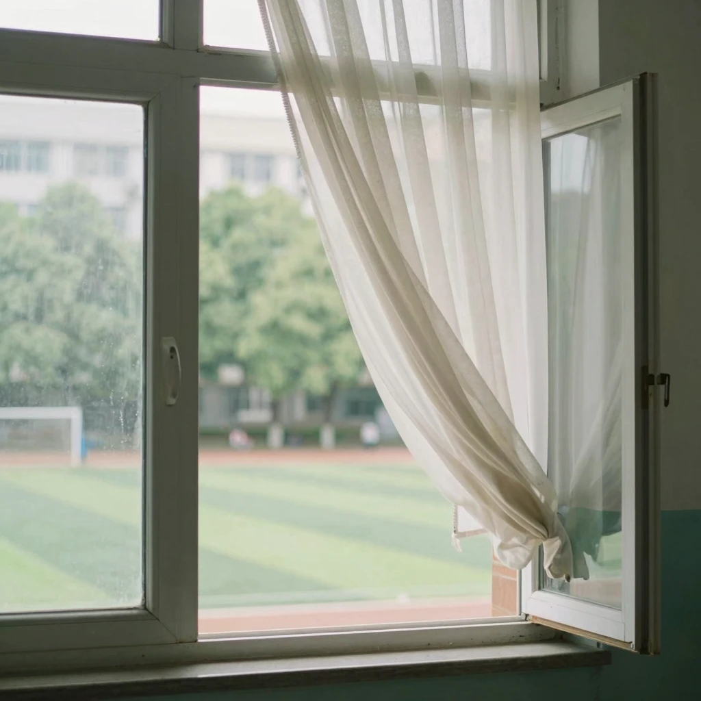 An open window in a classroom with a light curtain blowing i...