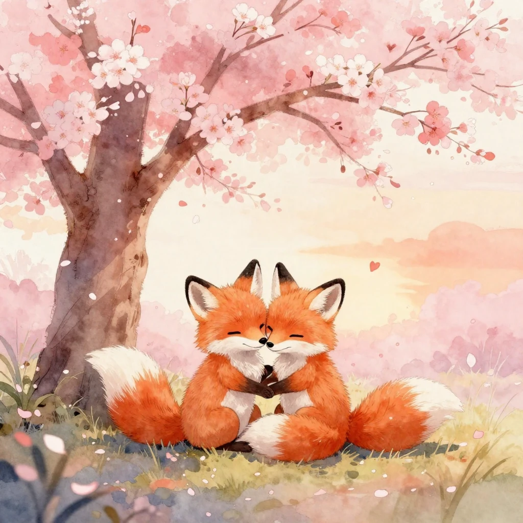 A soft and romantic watercolor painting depicting two cute f...