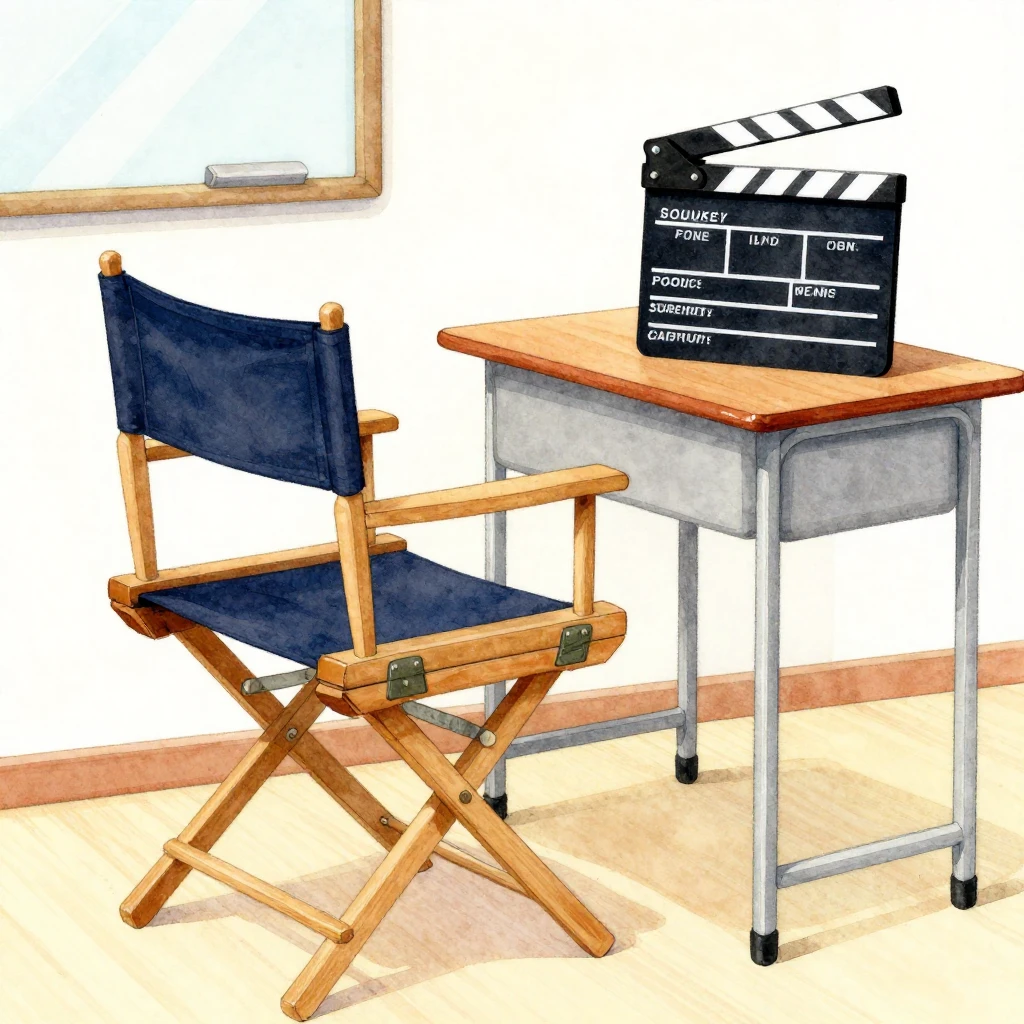 A director's chair and a clapperboard on a desk in a bright ...