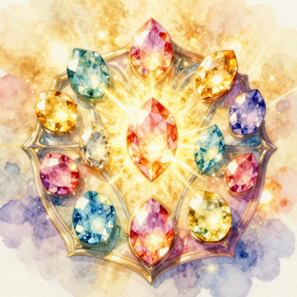 Vibrant watercolor abstract illustration of twelve glowing, ...