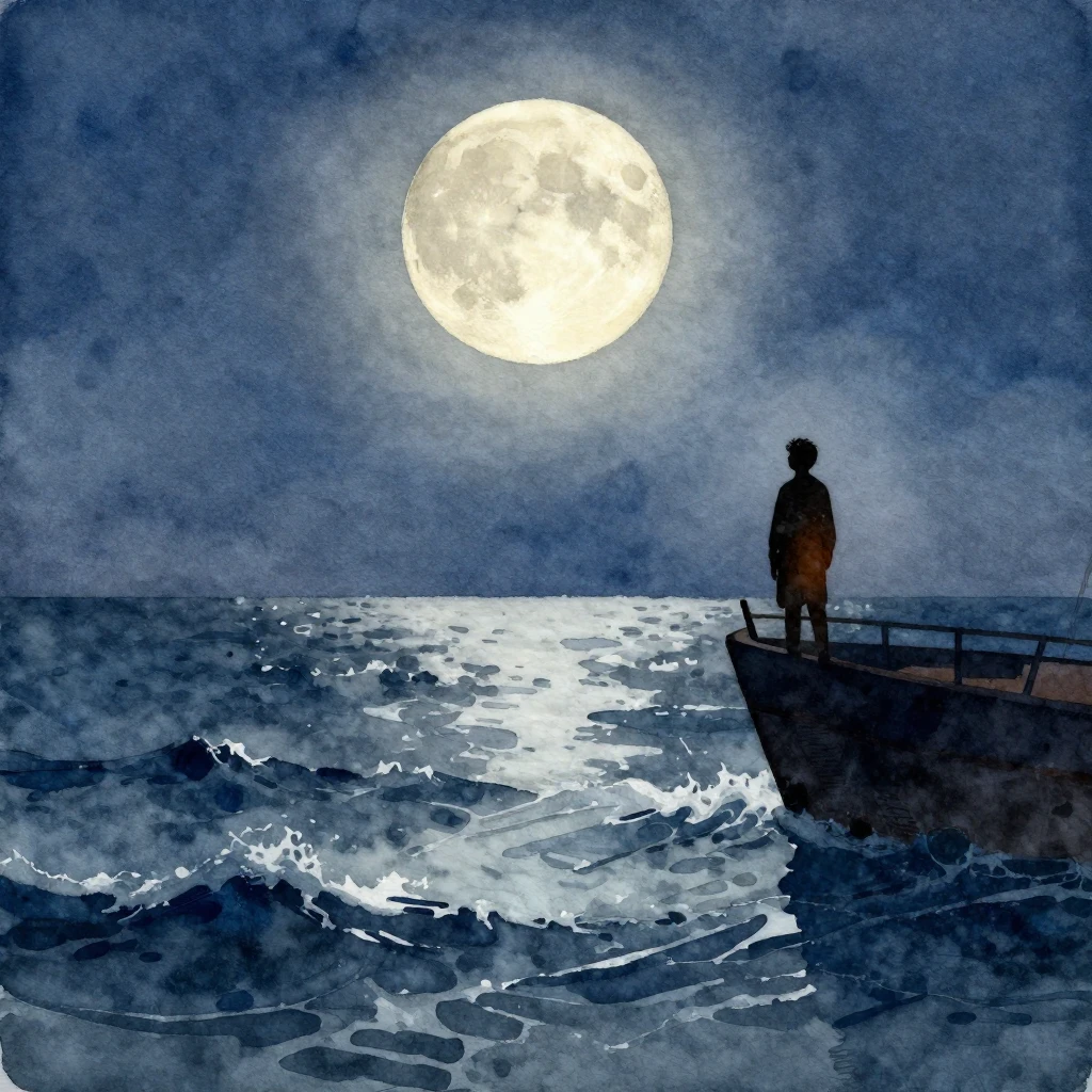 A dramatic moonlit seascape in vibrant watercolor style. A l...