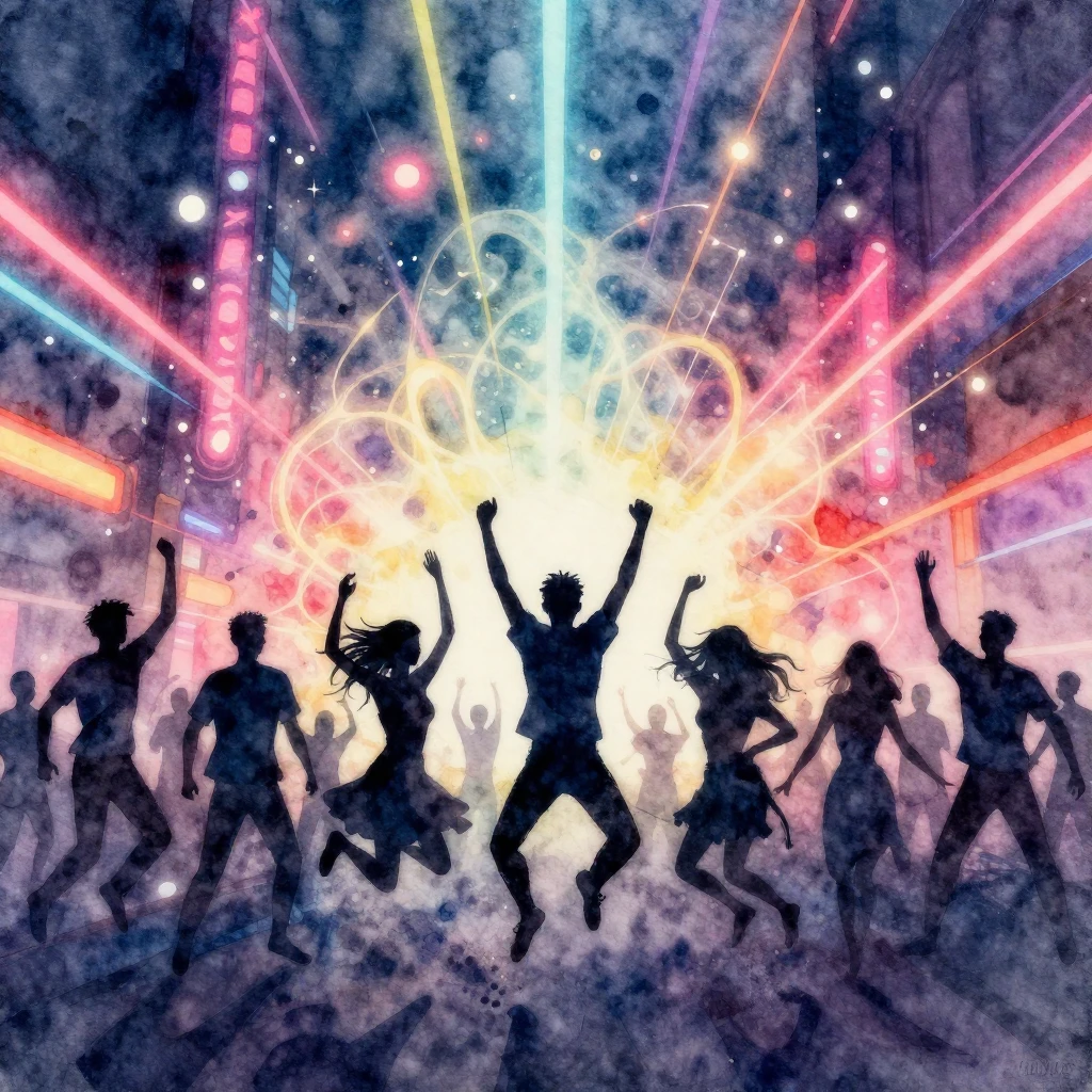 A watercolor painting showing a silhouetted crowd jumping an...