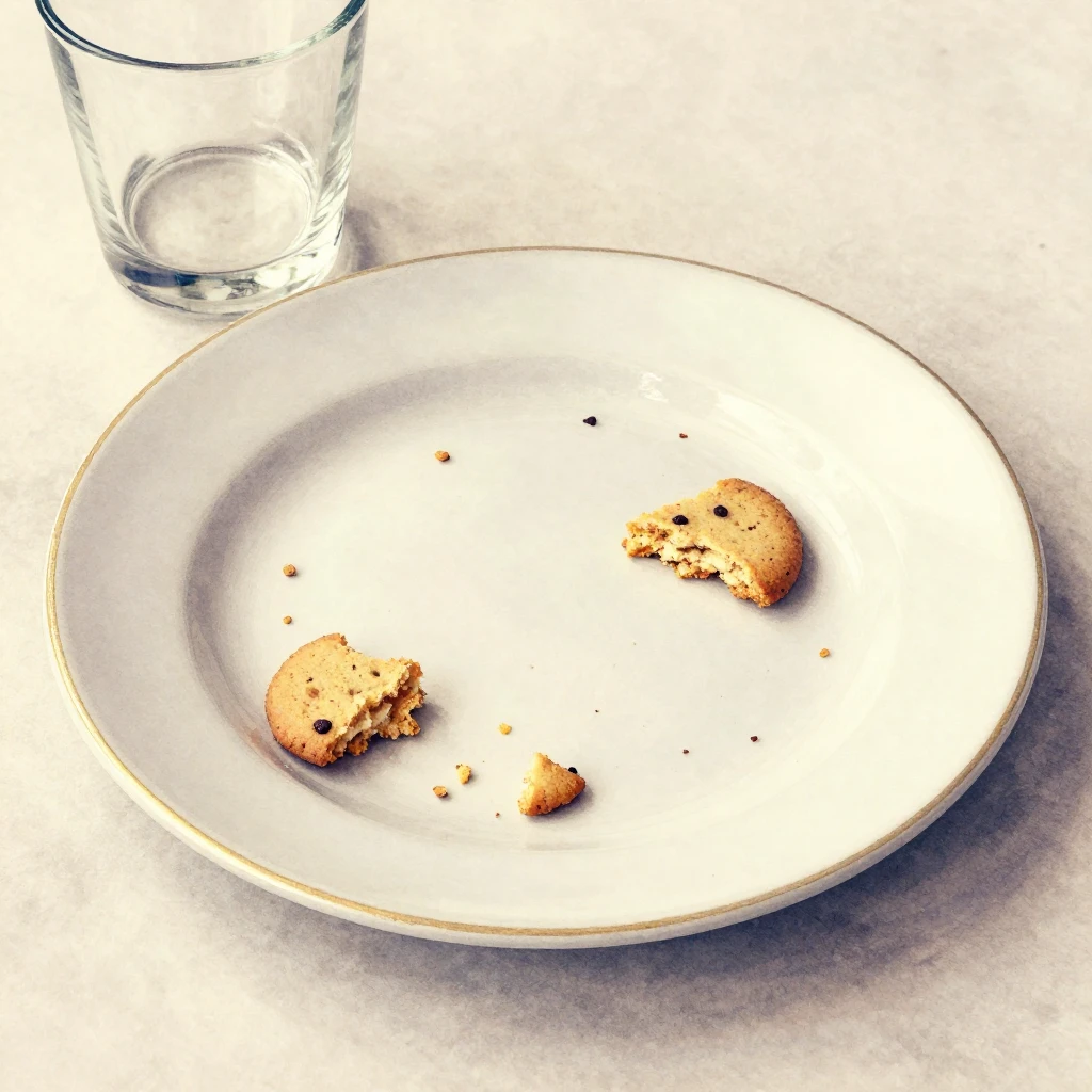 An empty plate with a few cookie crumbs on a table, perhaps ...