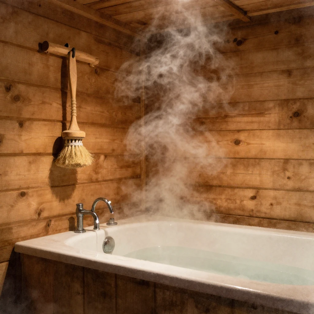 A cozy wooden bathhouse interior, soft steam rising, a tradi...