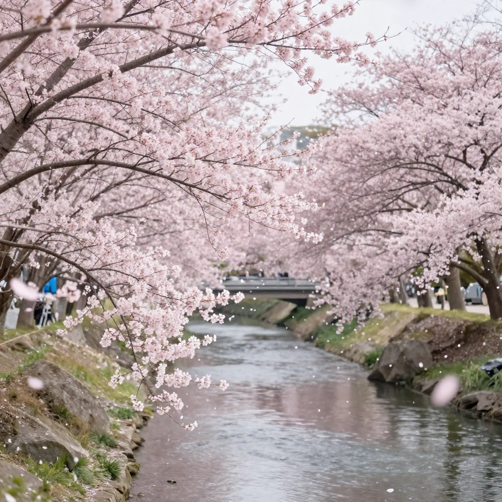 A serene landscape with cherry blossom trees in full bloom, ...