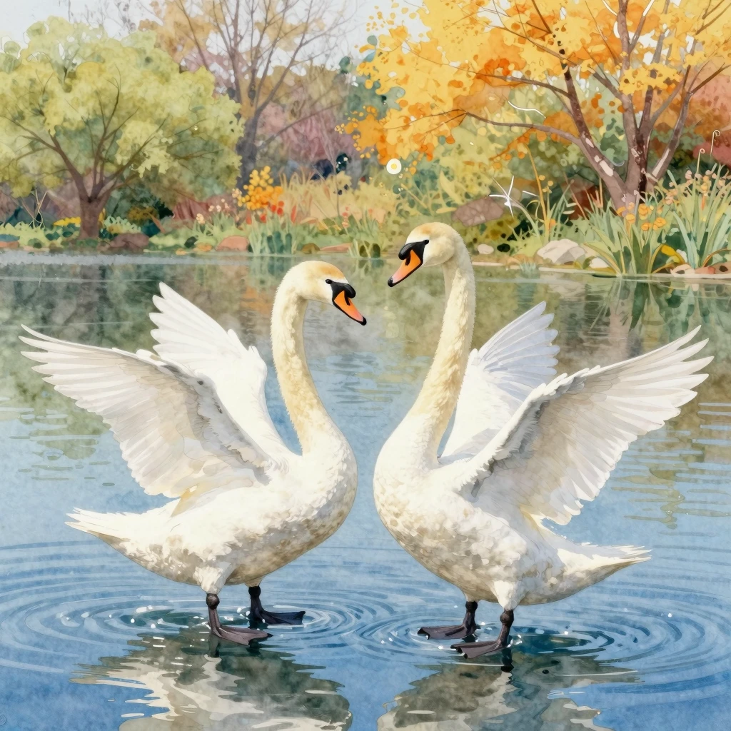 A pair of elegant white swans gracefully dancing on a calm, ...