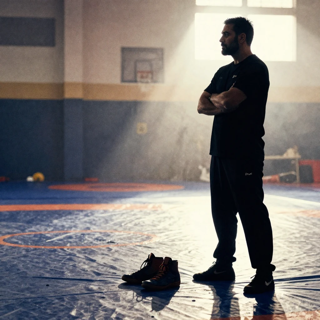 Watercolor style. Silhouette of a wrestling coach standing b...