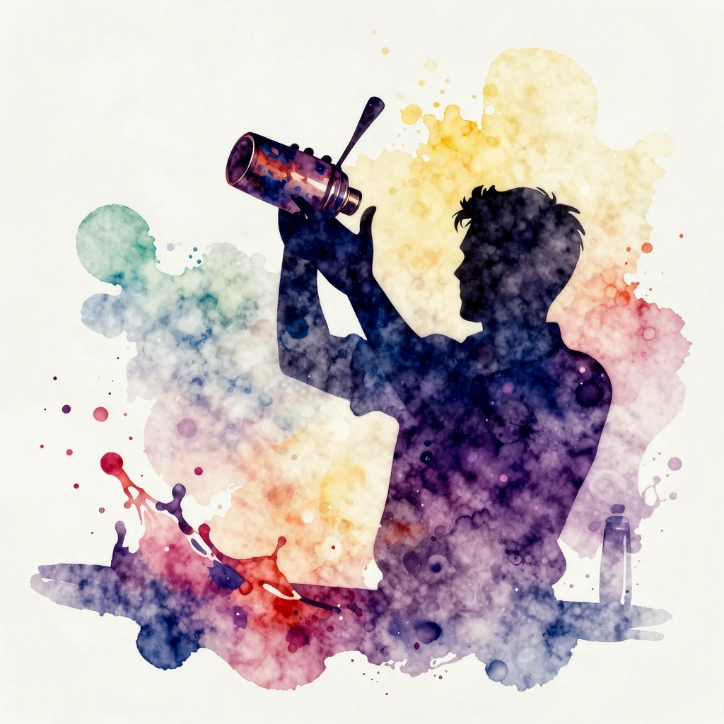Vibrant watercolor style, a silhouette of a bartender shakin...