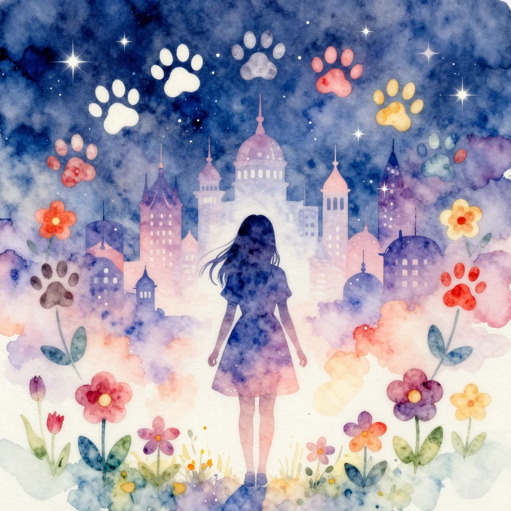 Watercolor style. Playful paw prints and flowers surrounding...