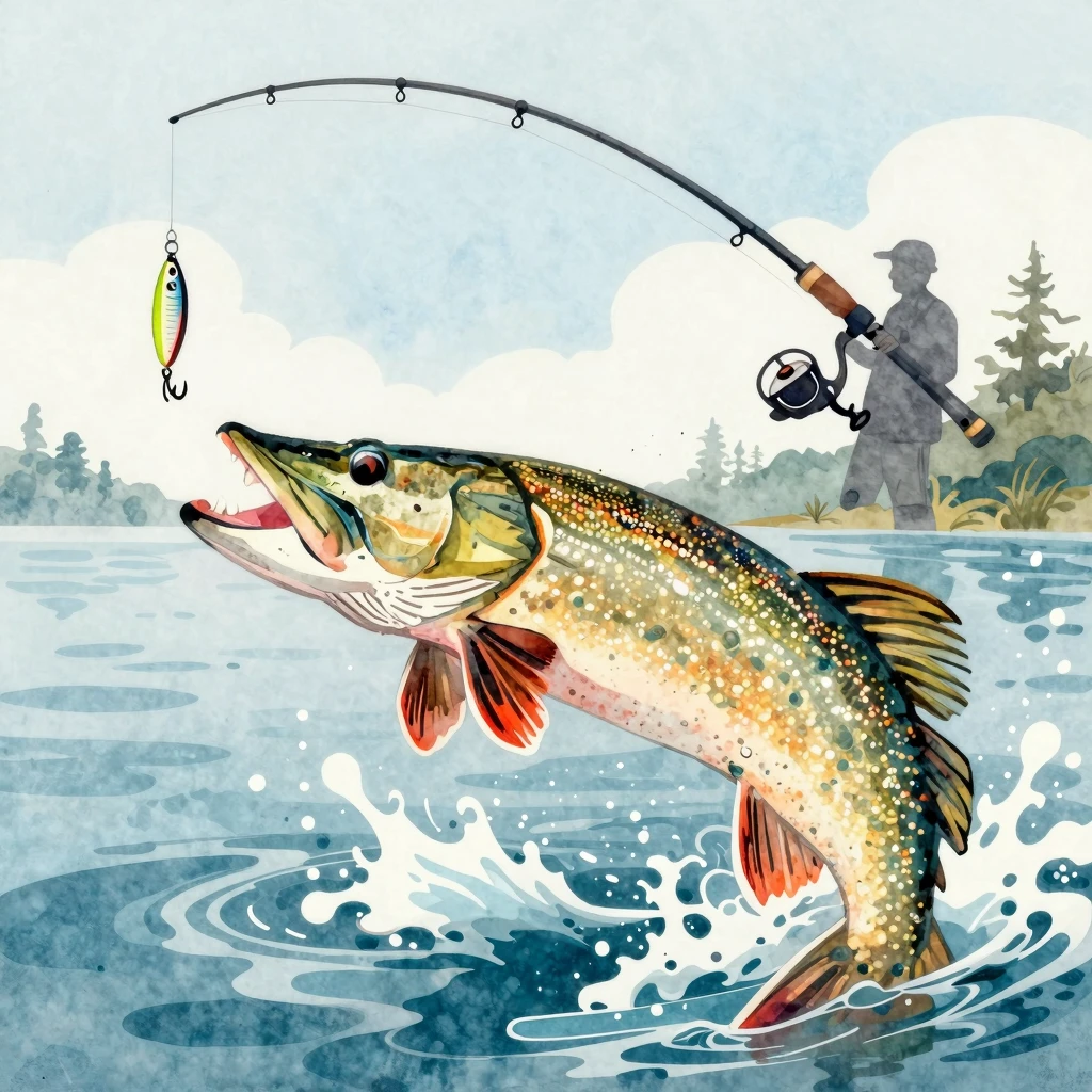 Vibrant watercolor style. A dynamic illustration of a fishin...