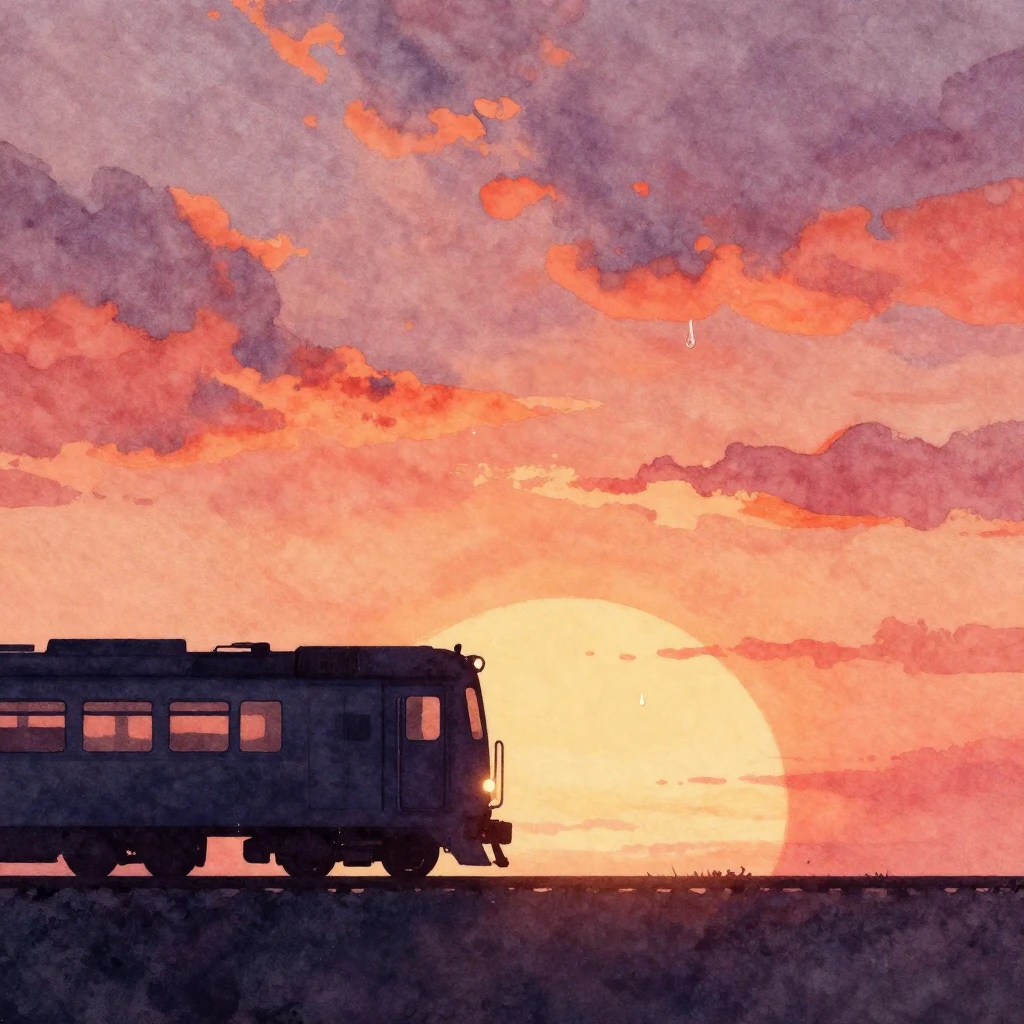 A lone train silhouette against a melancholic sunset, a sing...