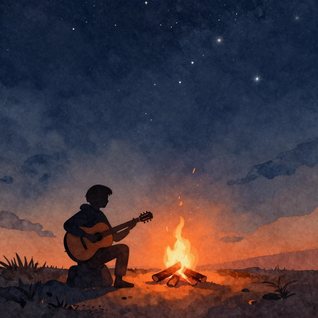 A minimalist watercolor silhouette of a person playing a gui...