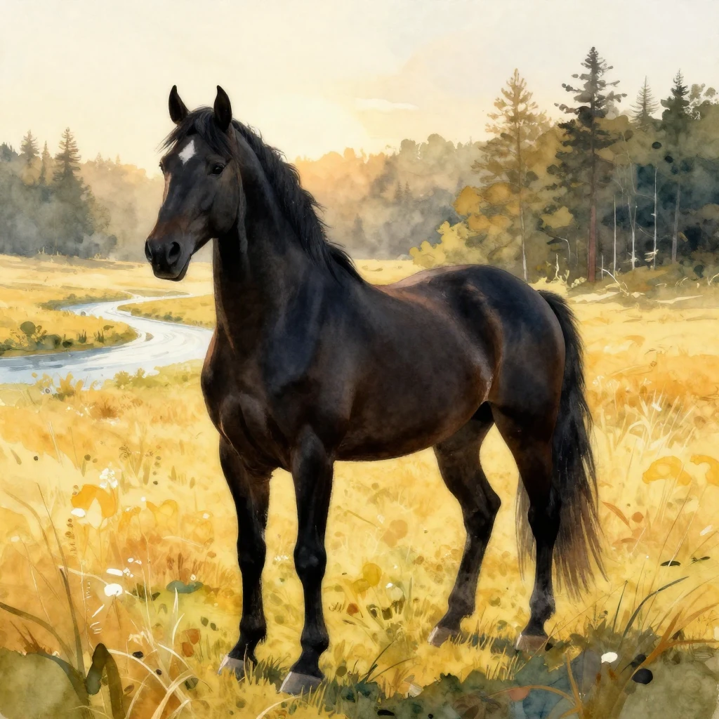 A vibrant watercolor painting of a majestic black horse stan...