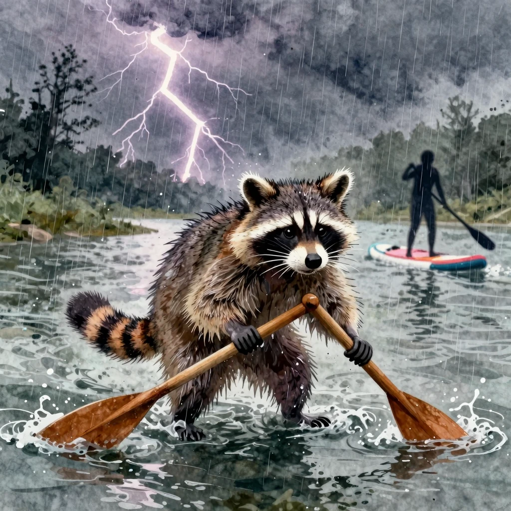 Vibrant watercolor style. A determined raccoon, soaked and e...