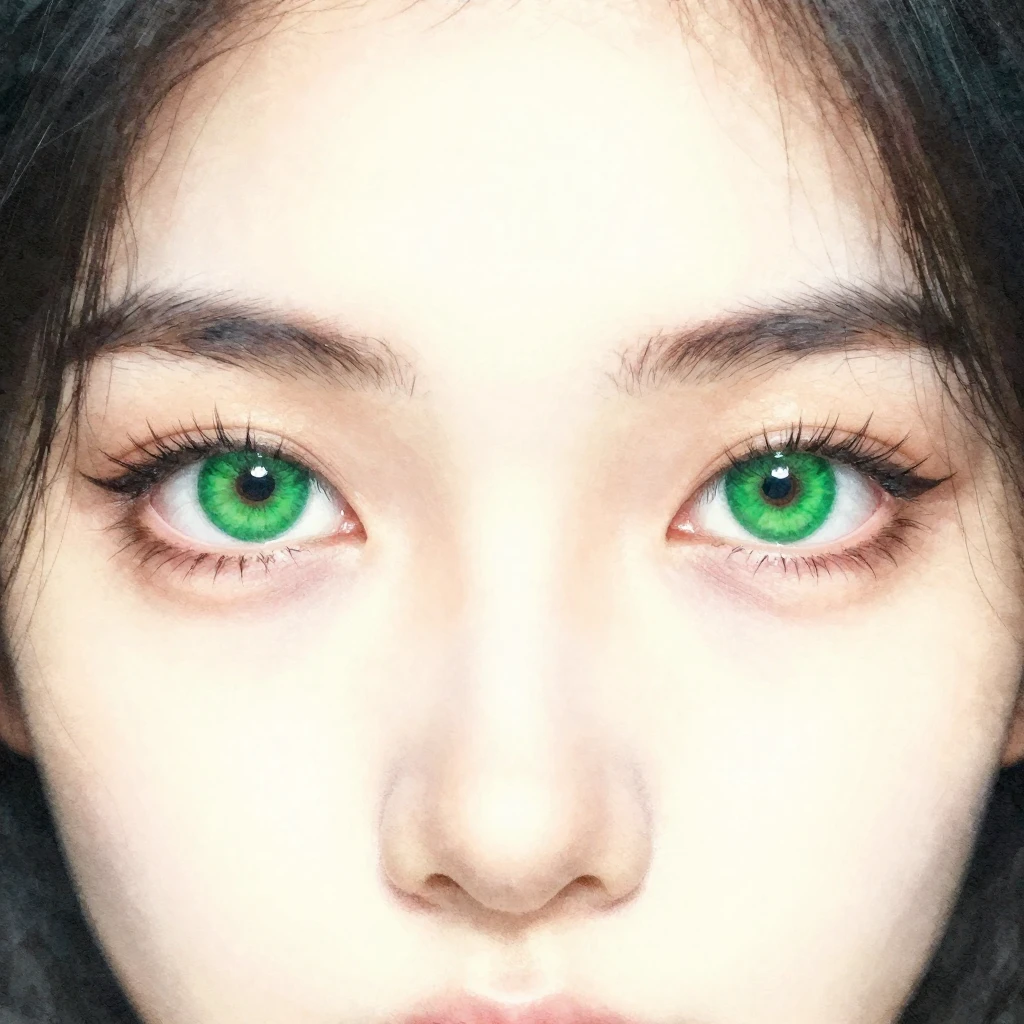 A close-up portrait focusing on striking, vibrant green eyes...
