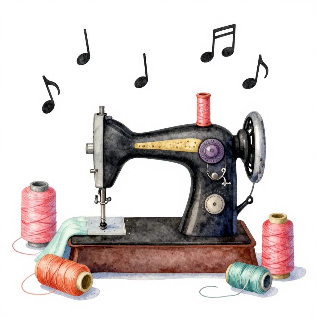 A whimsical watercolor illustration of a sewing machine surr...