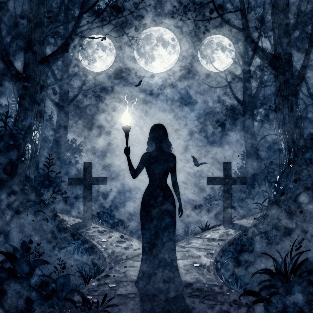 A silhouette of a woman holding a glowing torch, standing at...