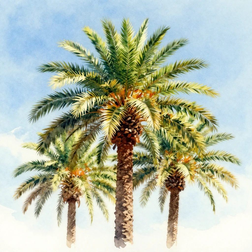 Generate a watercolor painting focusing on iconic palm trees...