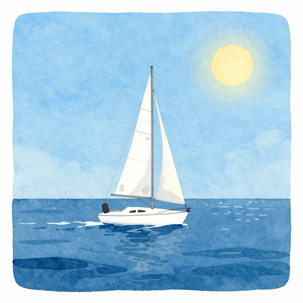 A minimalist watercolor painting of a white sailboat with a ...