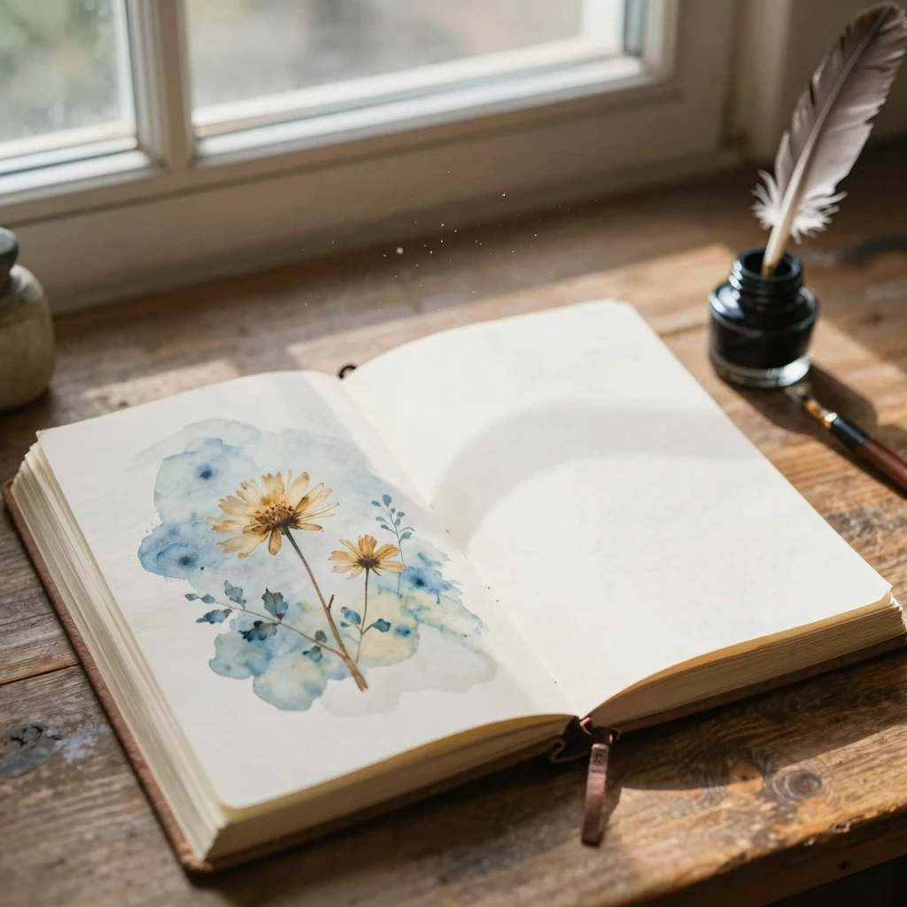 A delicate watercolor painting of an open vintage journal on...