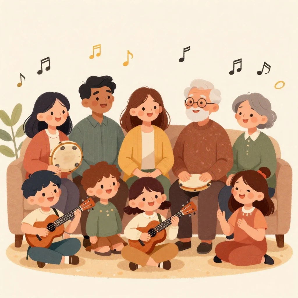 A whimsical illustration depicting a diverse family enjoying...