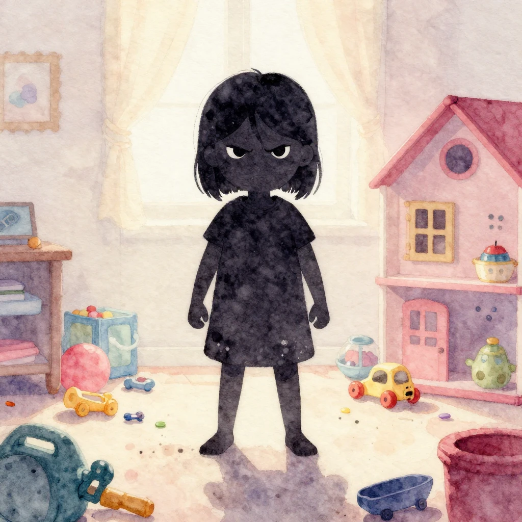 Watercolor style. A silhouette of a small angry girl in a me...