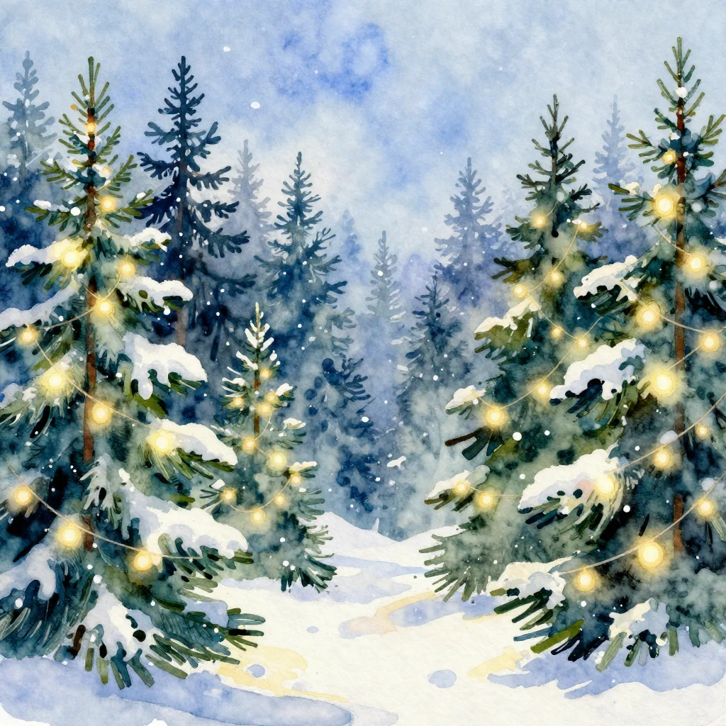 A vibrant watercolor painting depicting a magical Christmas ...
