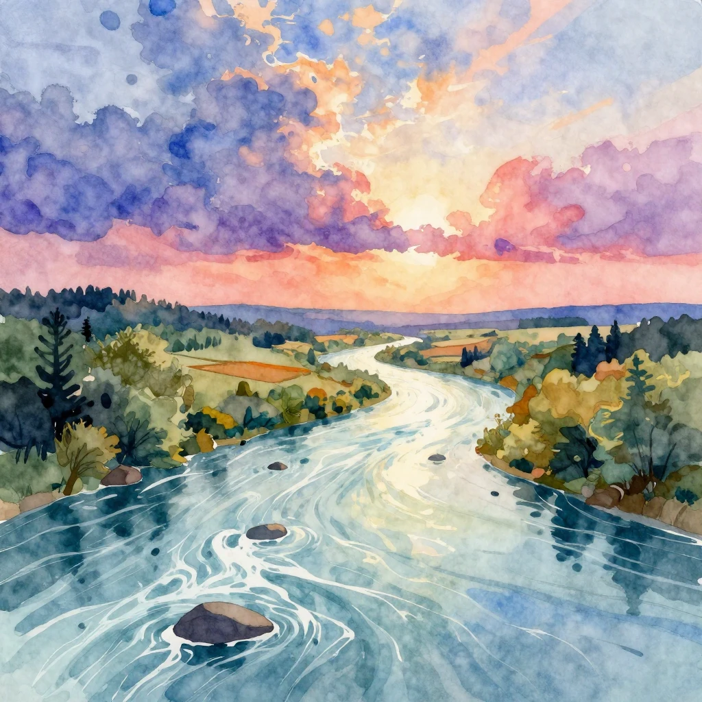 A vibrant watercolor style illustration of a mighty river fl...