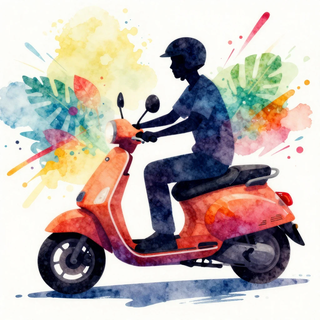 A dynamic watercolor illustration of a person on a scooter, ...