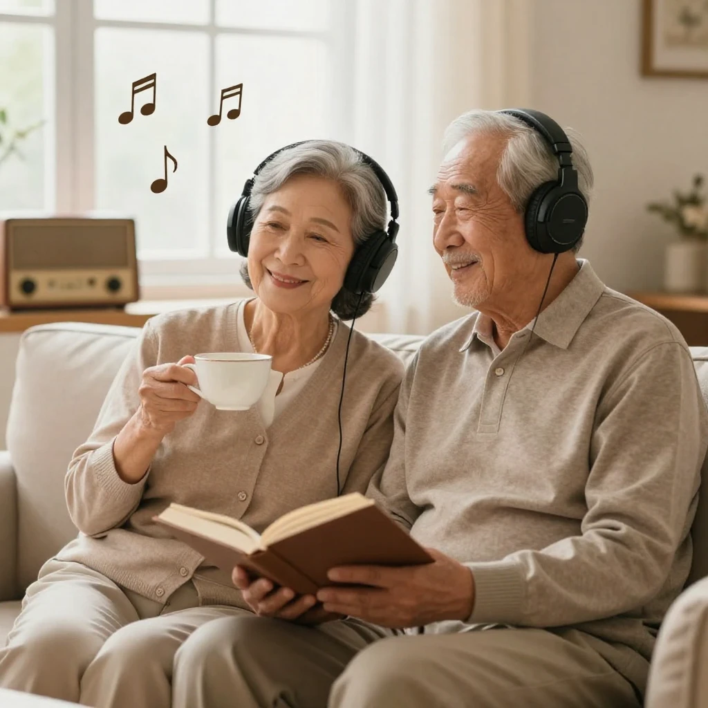 A serene scene depicting an elderly couple, a grandmother an...