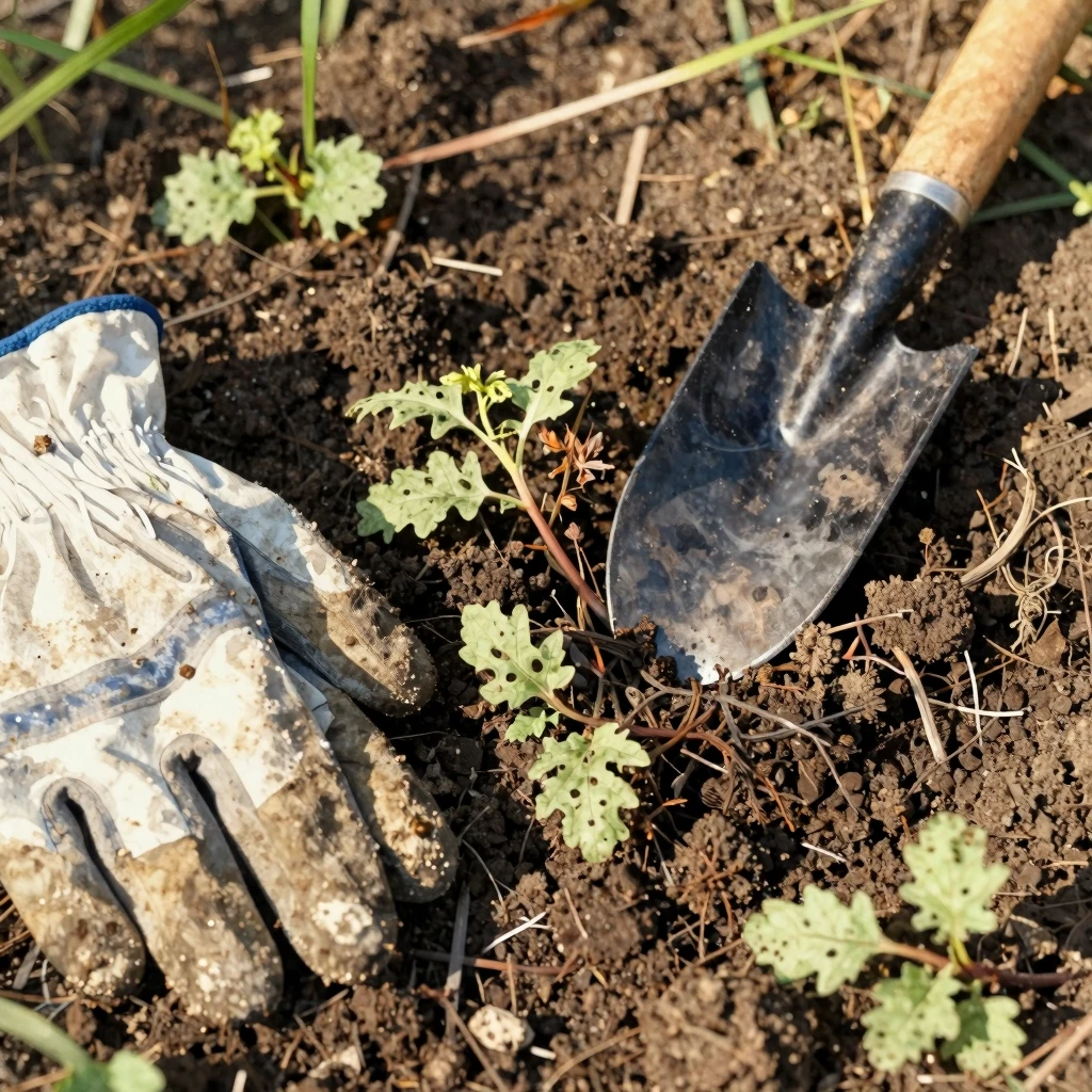 Close-up of dark soil with pulled weeds, gardening gloves an...