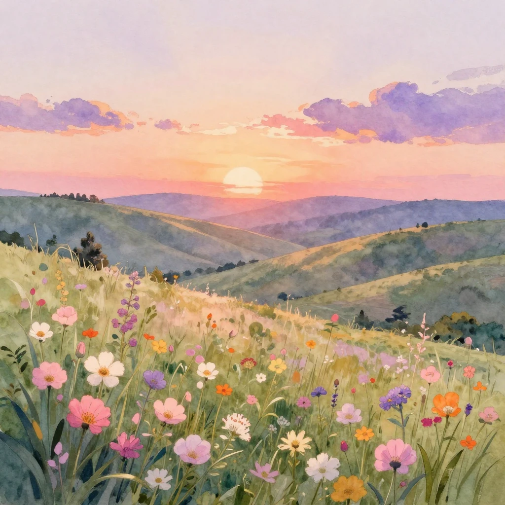 A beautiful watercolor painting of a spring sunset over roll...