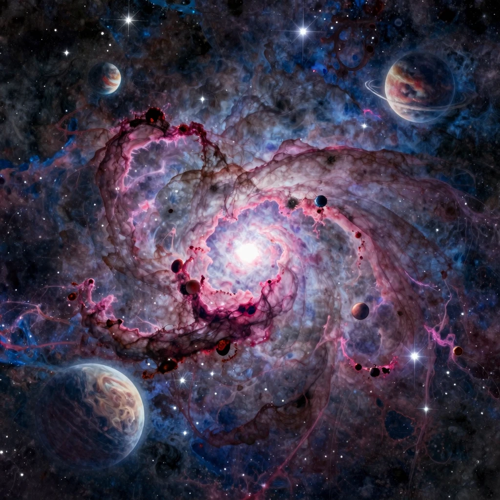 Vibrant watercolor style. Cosmic mystery, dark nebula, dista...