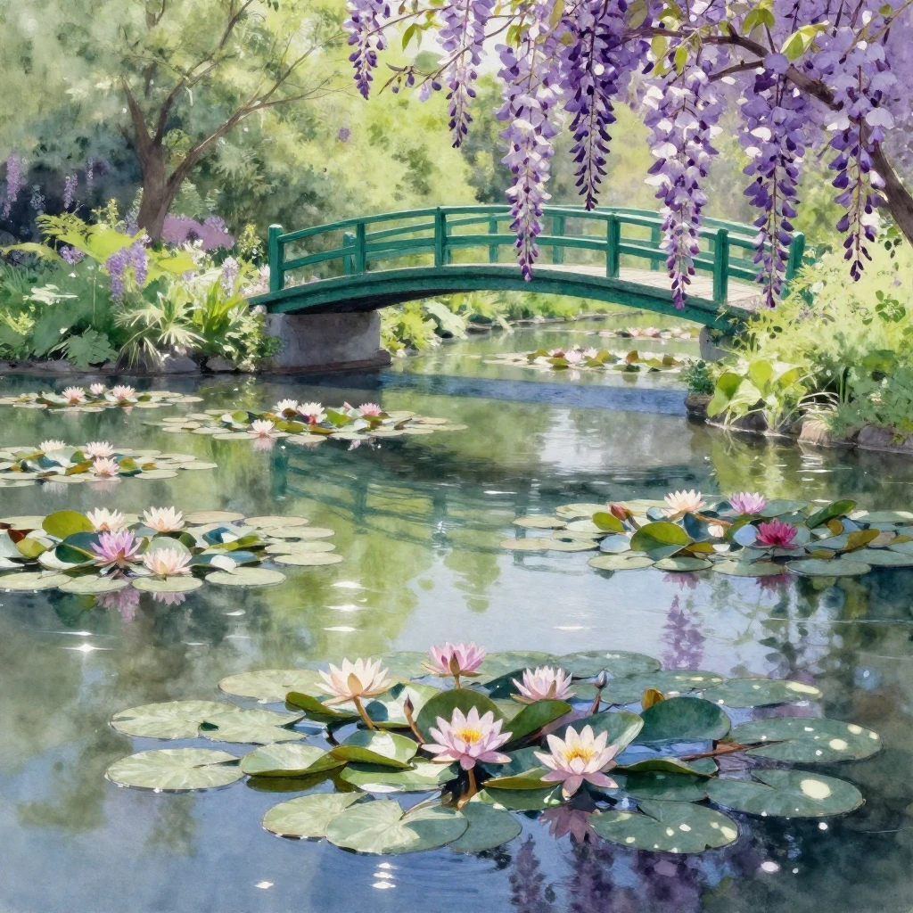 A serene pond filled with vibrant water lilies, depicted in ...
