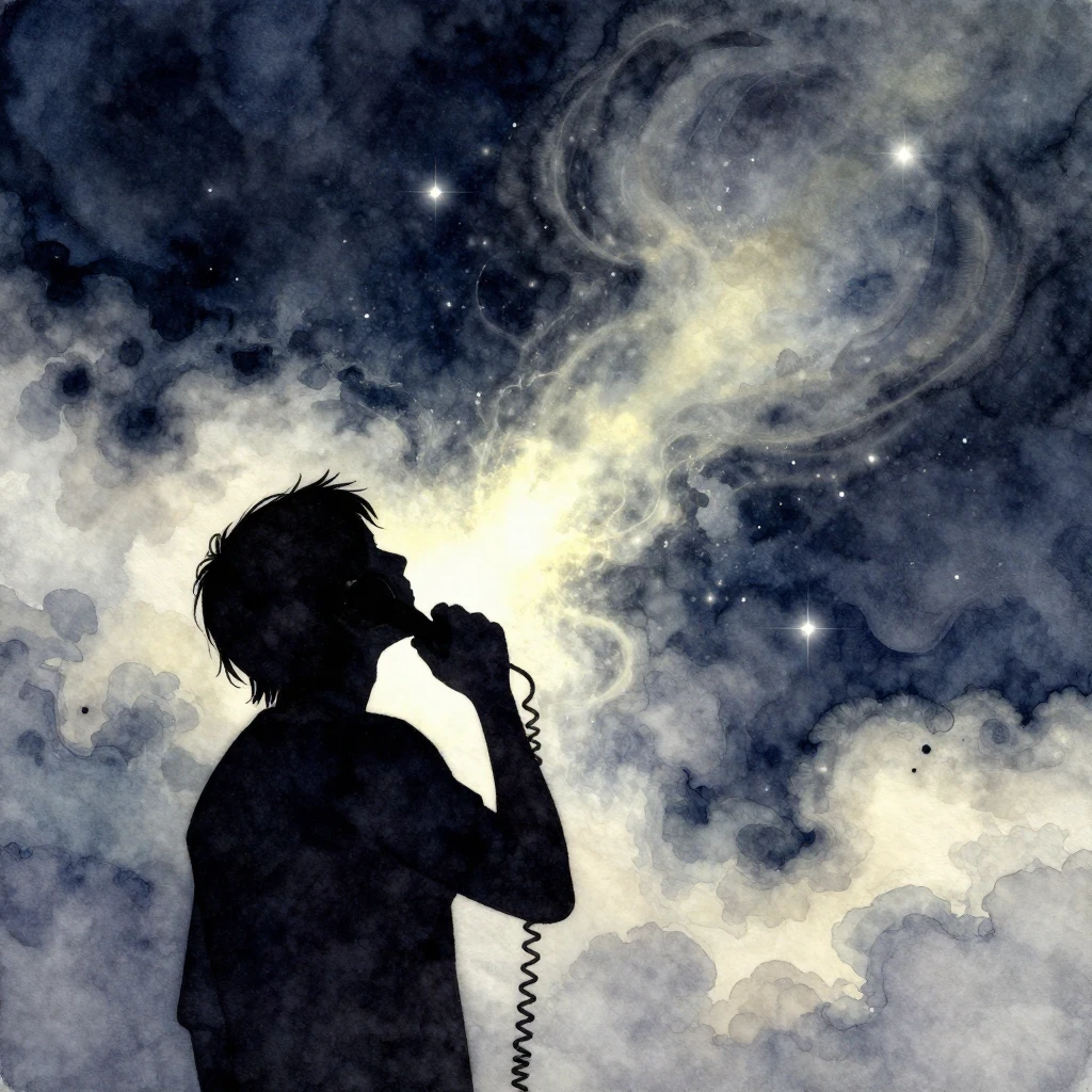 A watercolor illustration depicting a figure in silhouette h...