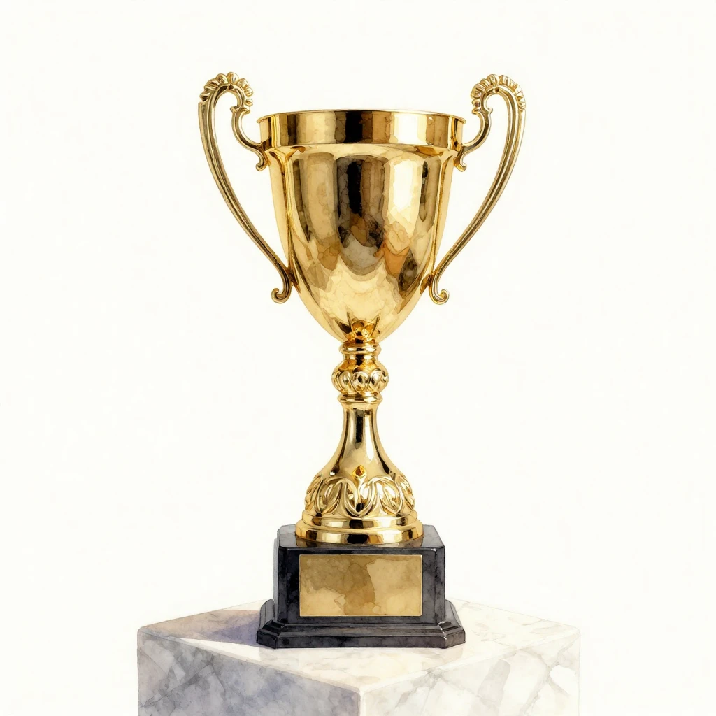 A highly detailed golden trophy cup, gleaming and polished, ...