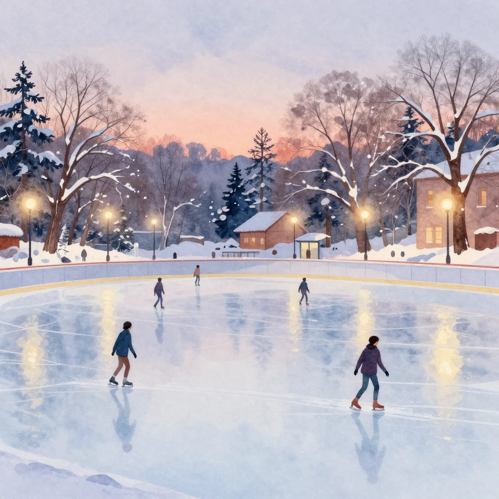 A vibrant watercolor illustration of a serene winter ice rin...
