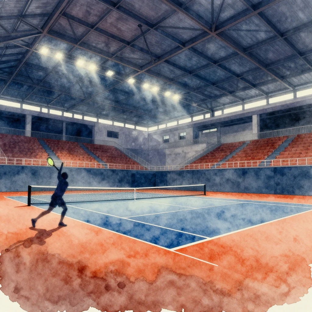 Watercolor painting of a modern indoor tennis arena with a c...