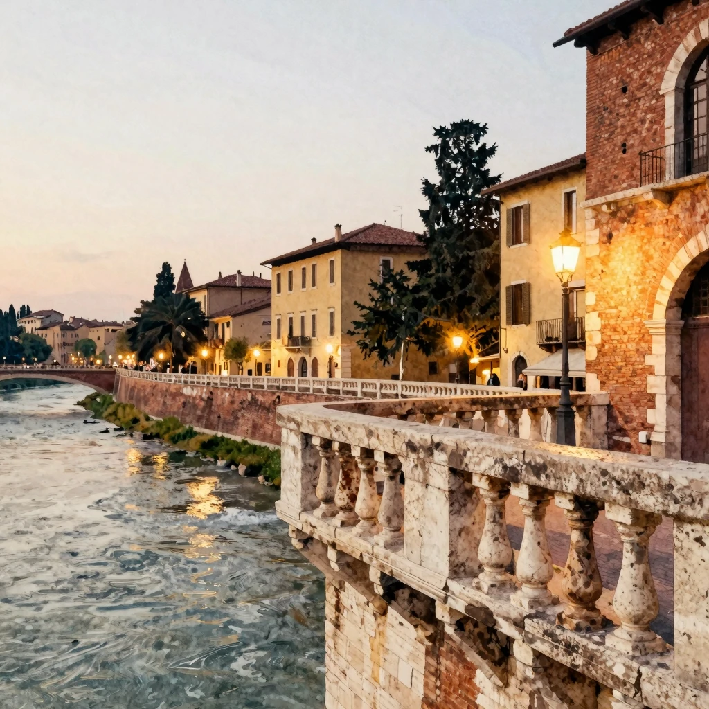 Watercolor style. An ancient stone balcony in Verona overloo...