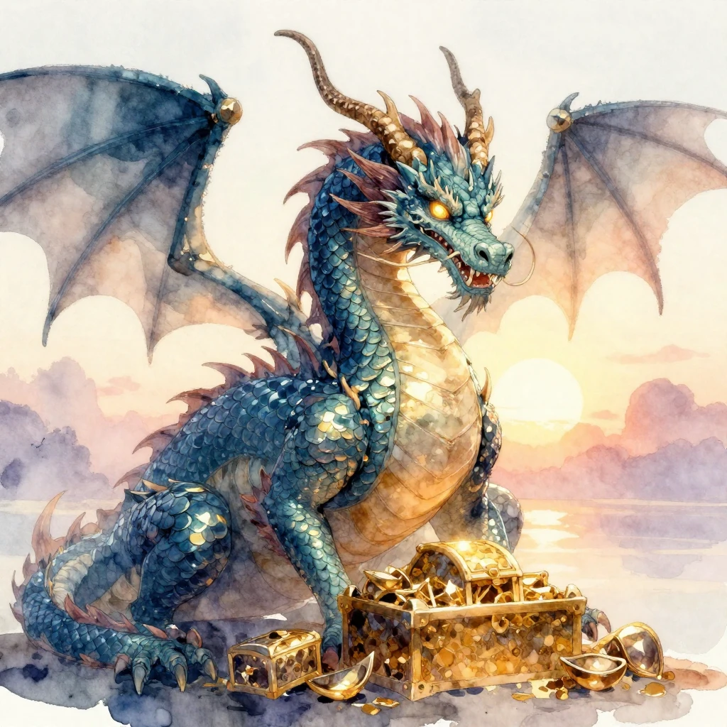 A majestic dragon with glowing eyes guarding a treasure hoar...