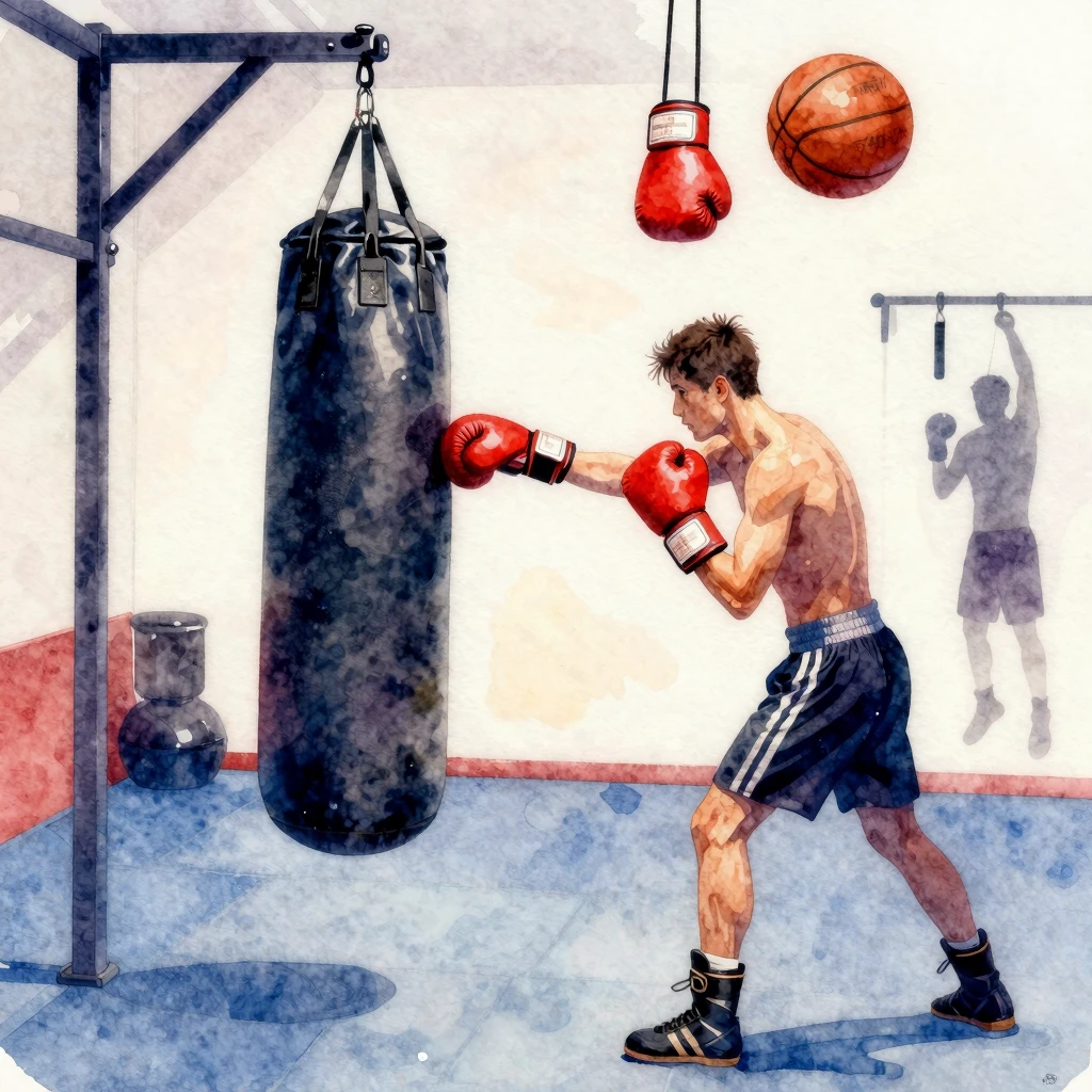 Vibrant watercolor style. Energetic boxing gym scene, punchi...