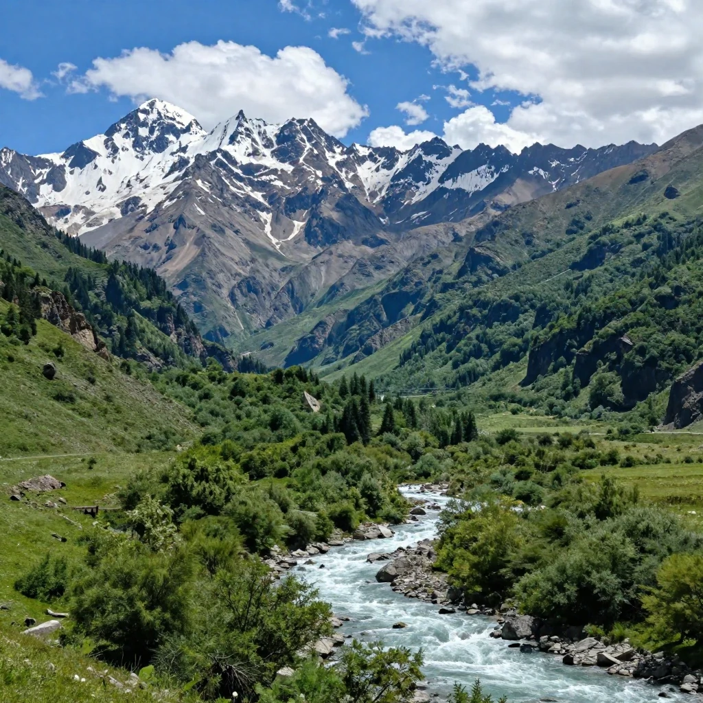 Majestic mountain landscapes, a flowing river, and lush fore...